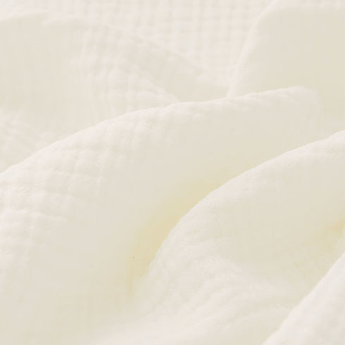 Couverture pour bébé en gaze de coton, dans un coloris blanc pur, révélant ses finitions raffinées grâce aux détails visibles en zoom.