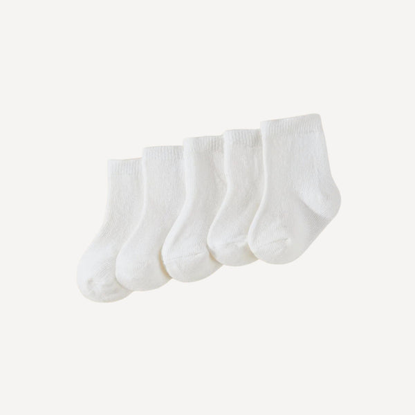 Un essentiel du trousseau : lot de trois paires de chaussettes bébé blanches, douces et confortables pour les premiers jours.