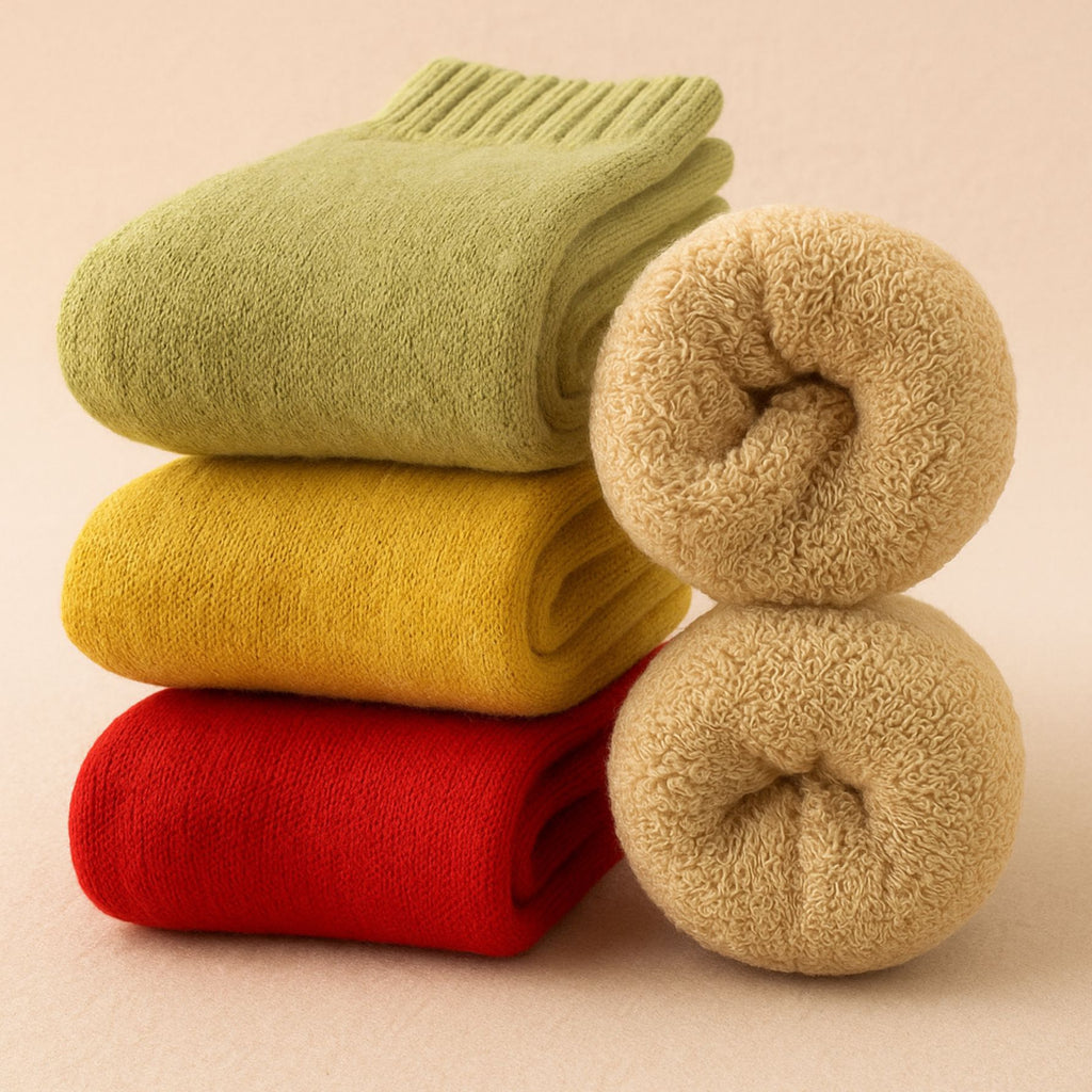  Pile de chaussettes bébé roulées, en jaune, vert, rouge et beige